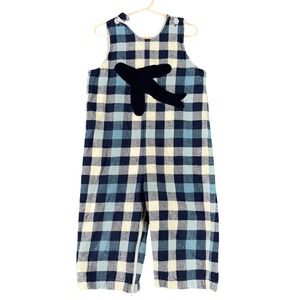 Funtasia Too Airplane Gingham Romper Jumpsuit Blue White 3T Kids Preppy